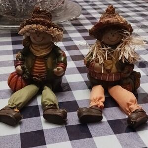 Seasonal Set of 2 Scarecrow Ceramic Shelf Sitter Figurines